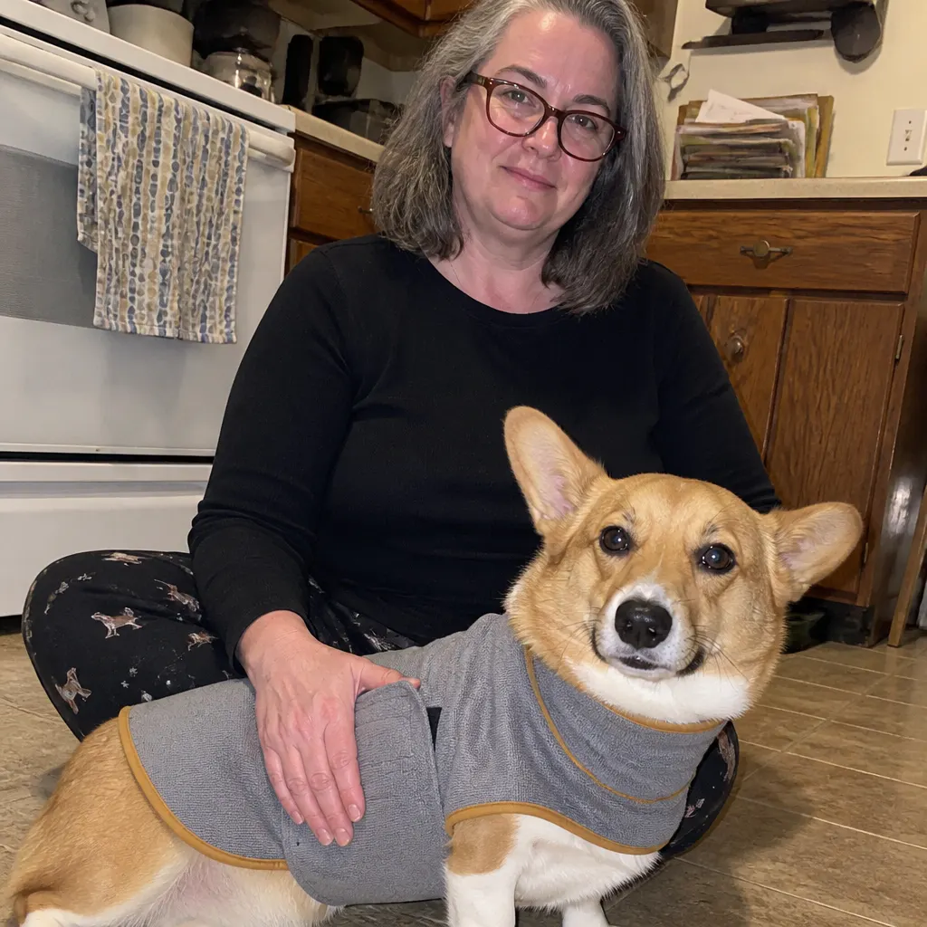 Sophie K.'s dog in the robe