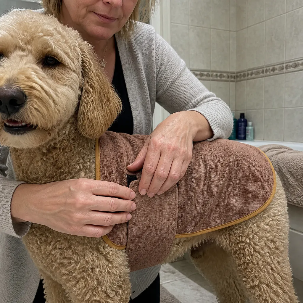 Priya N.'s dog in the robe
