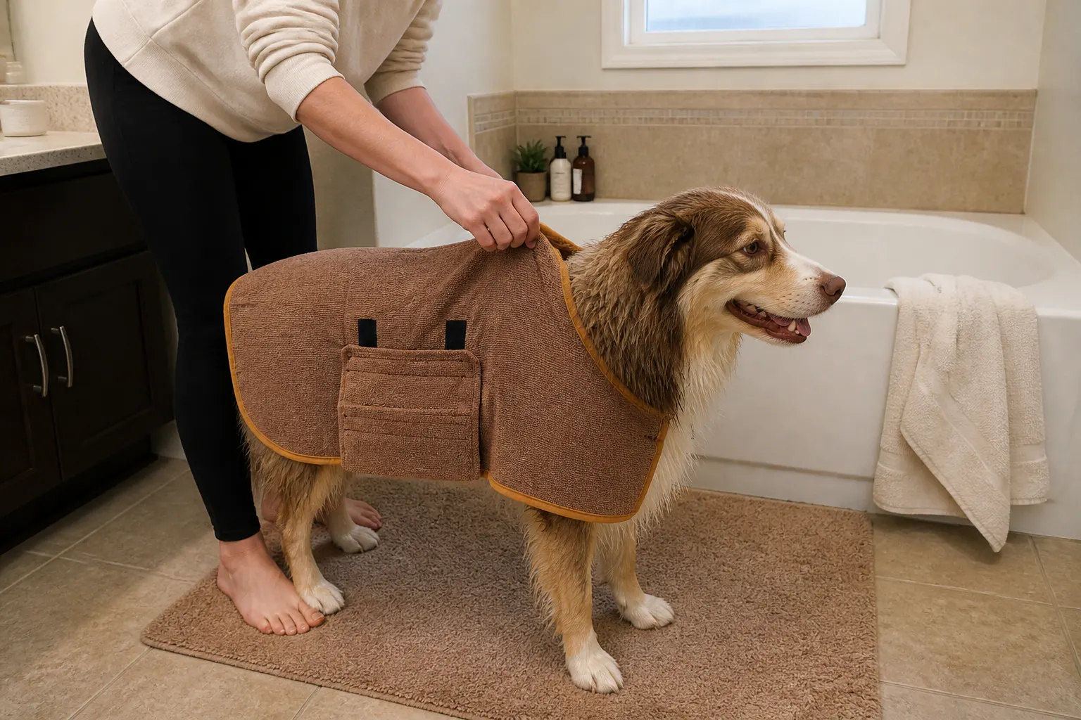 Draping the robe over a wet dog's back