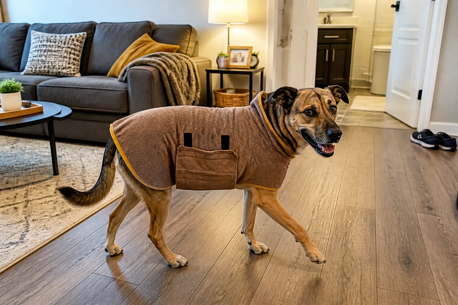 Fastening the belly velcro underneath the dog